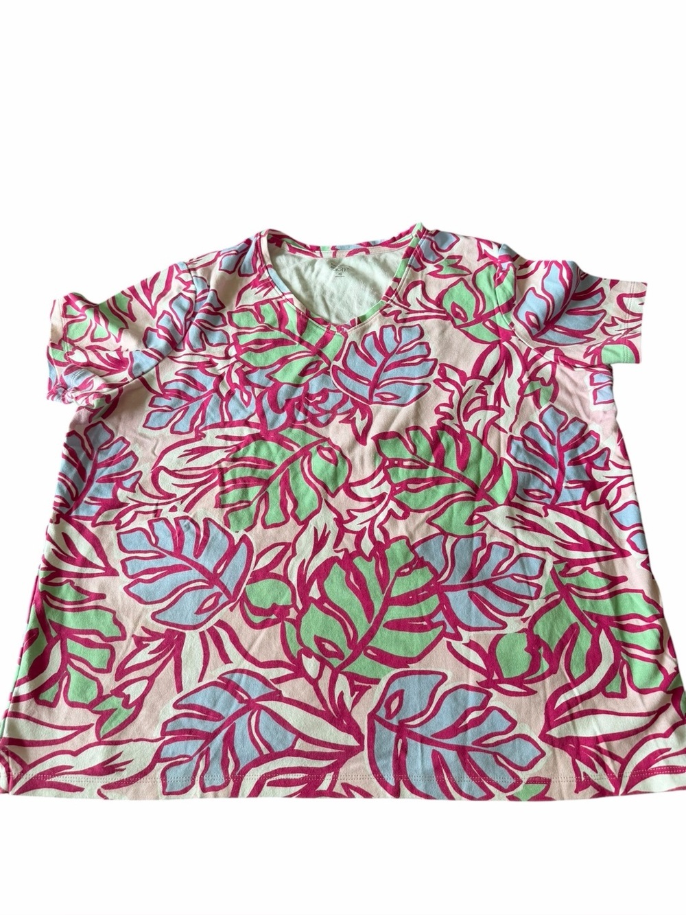 Kim Rogers Tropical Leaf Print V-Neck Top in Pink, Green & Blue